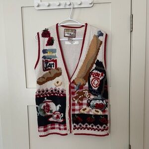 Novelty Knit Breakfast Vest with Jam & Coffee Motifs/ baking / picnic